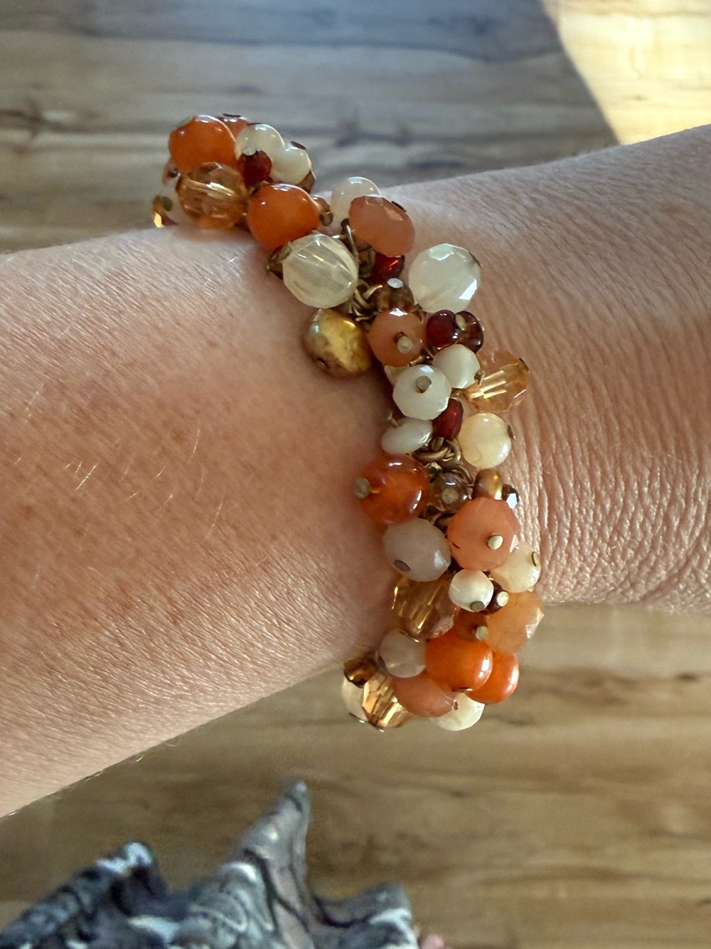Boho Cluster Bead Wrap Stretch Bracelet, Earth Tones -Orange & Cream